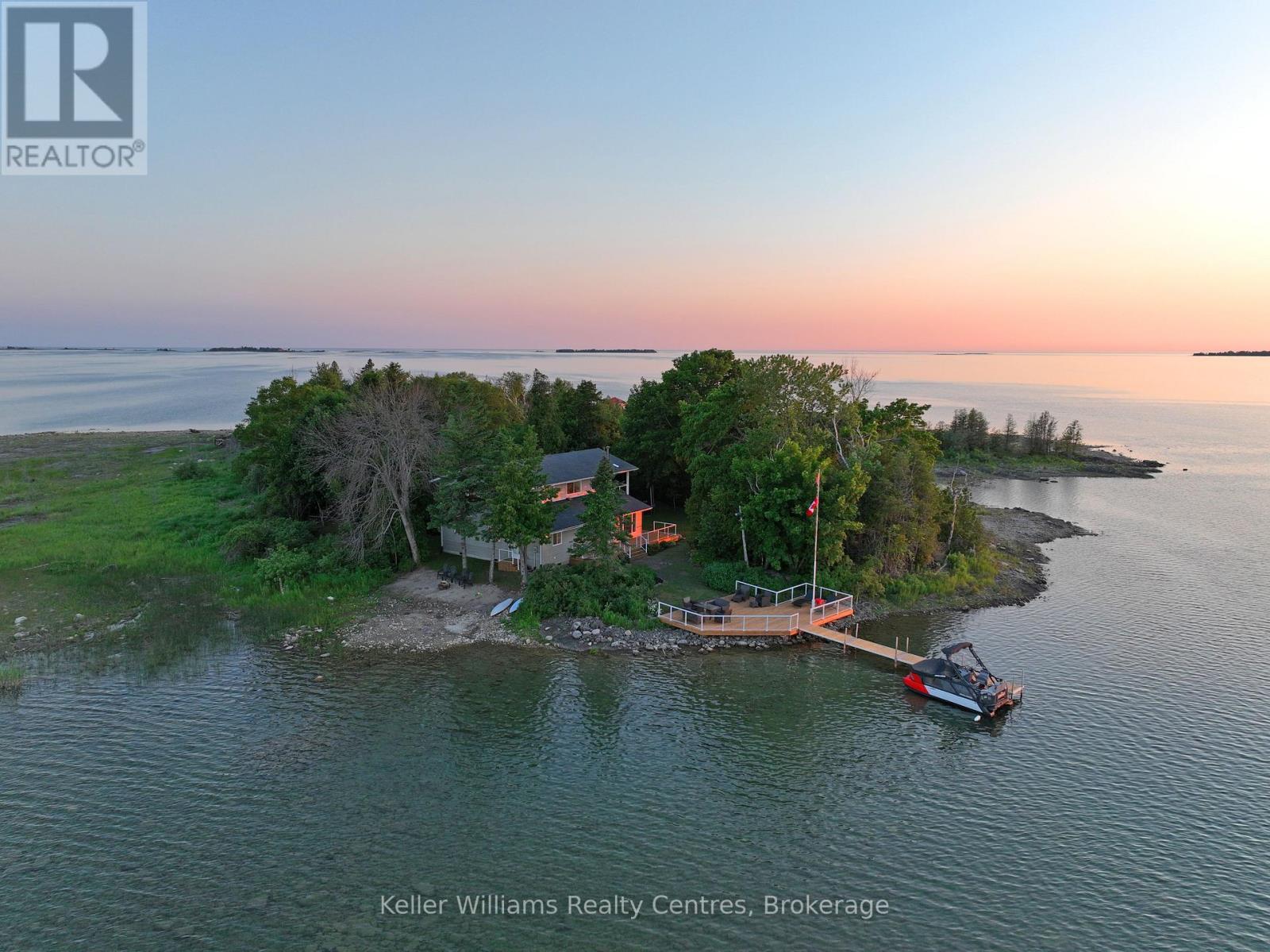 Aerial view of Tyson Island cottage on Lake Huron