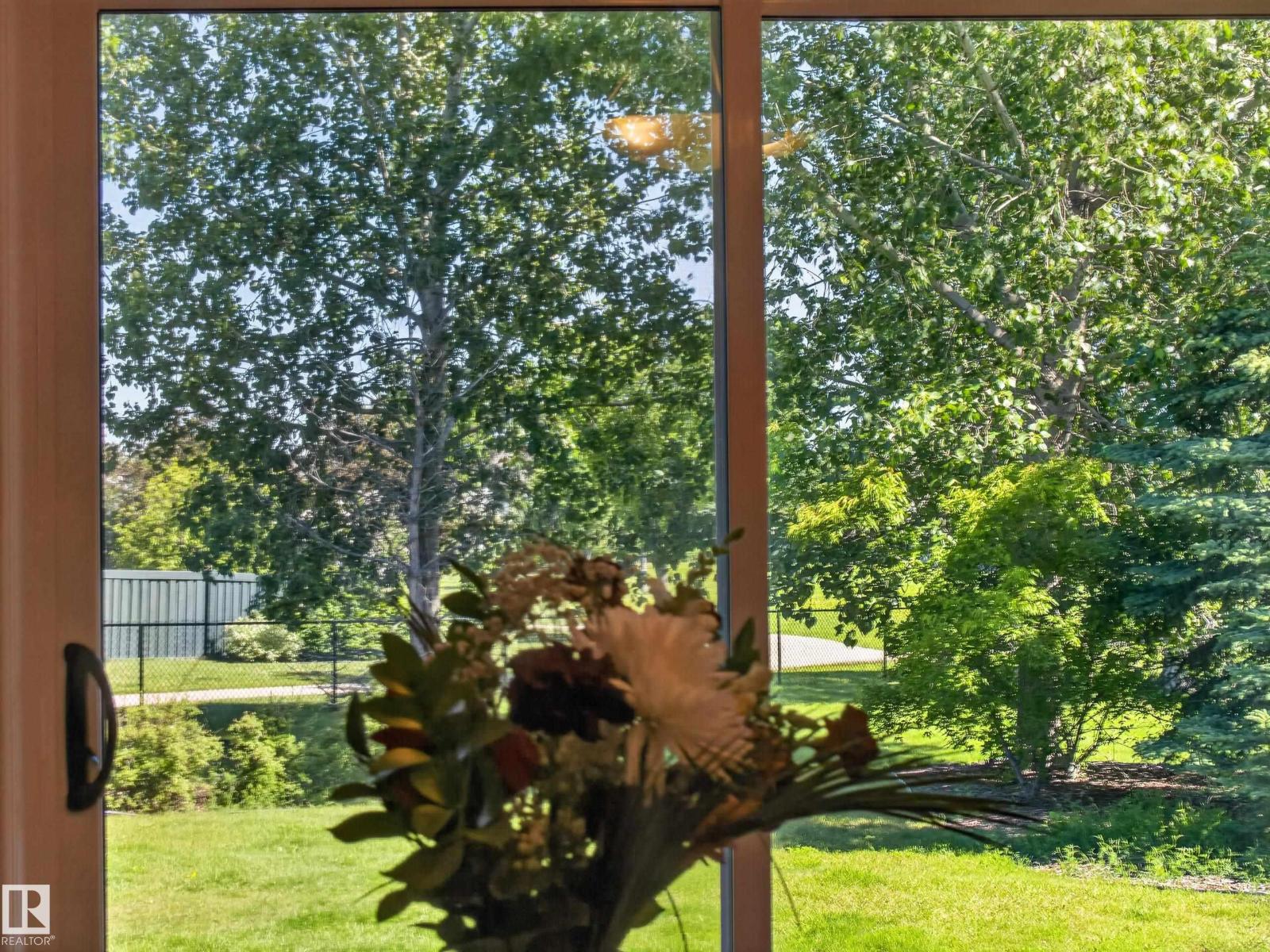 View out the patio door to the mature trees and green belt