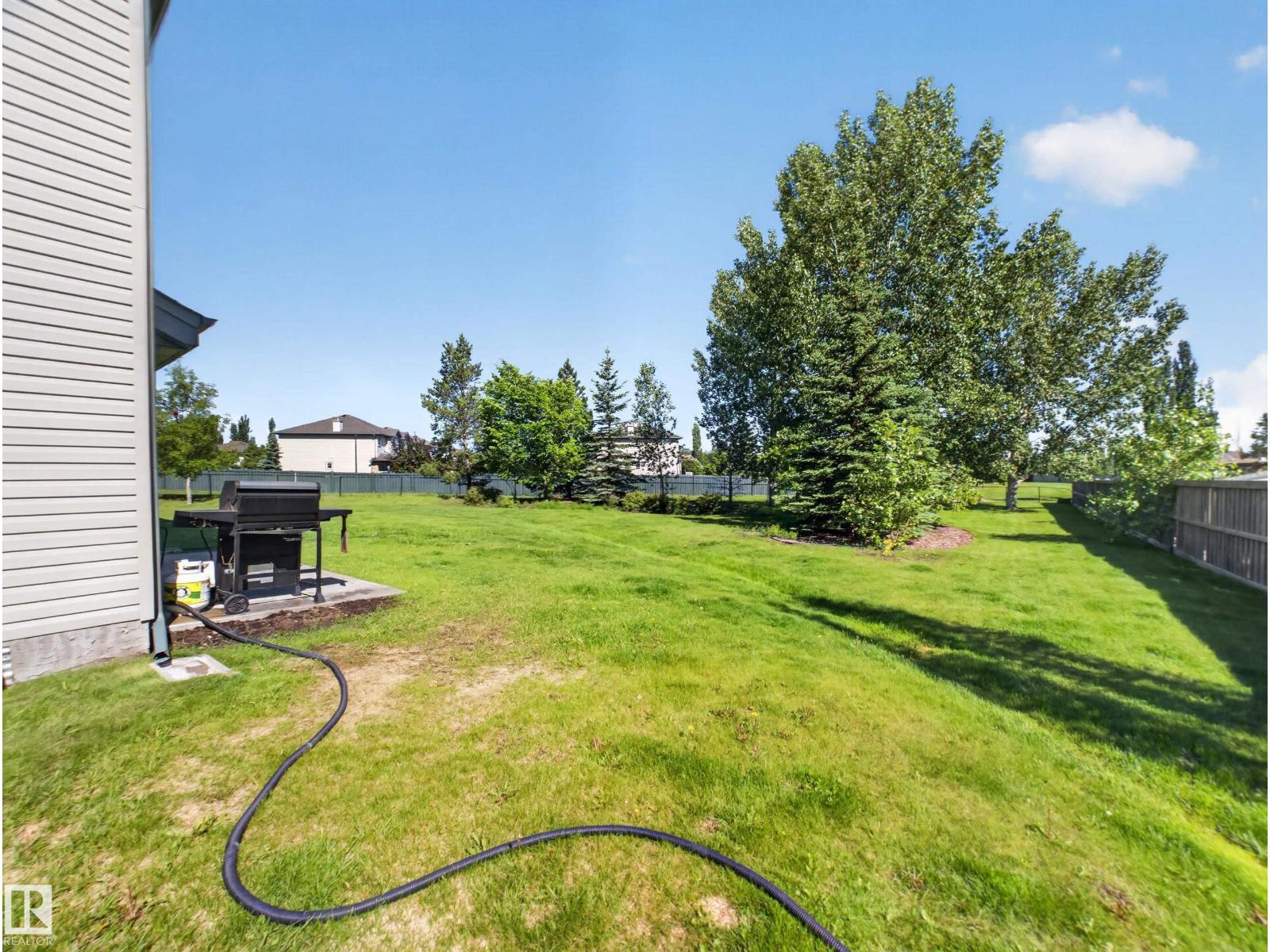 Side yard with the BBQ patio, lawn sloping to the green belt